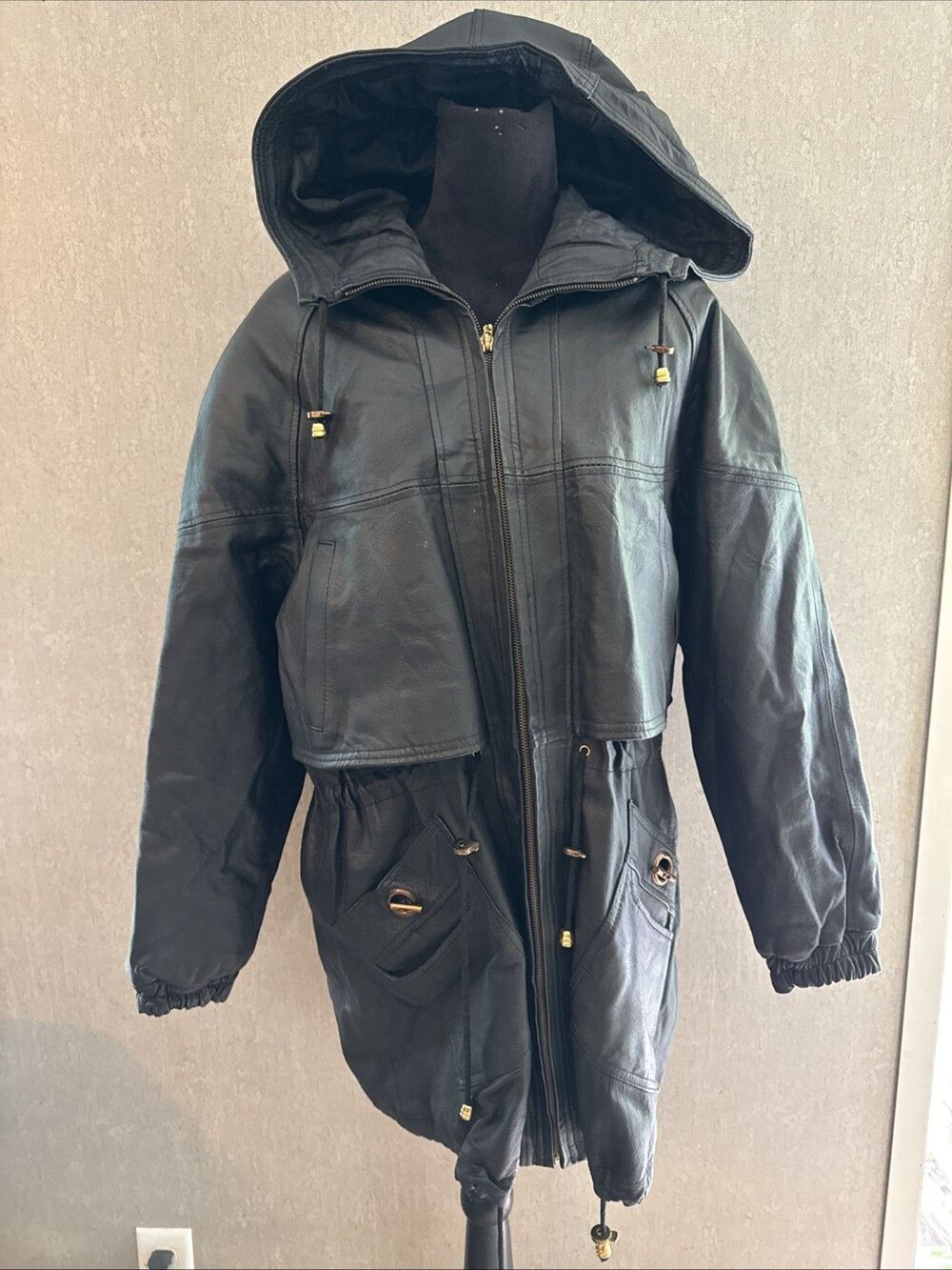 JLC Women's oversized Hooded Black leather Jacket Medium Streetwear Motorcycle